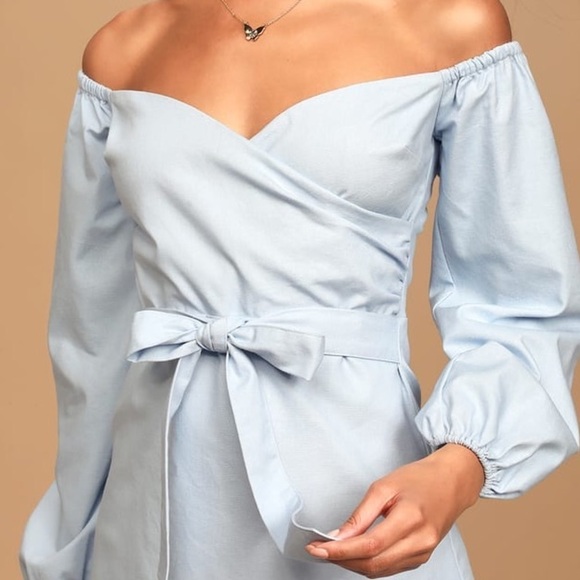 Lulu’s Pure Serenity Light Blue Off-the-Shoulder Puff Sleeve Mini Dress Med NWT - Picture 5 of 11